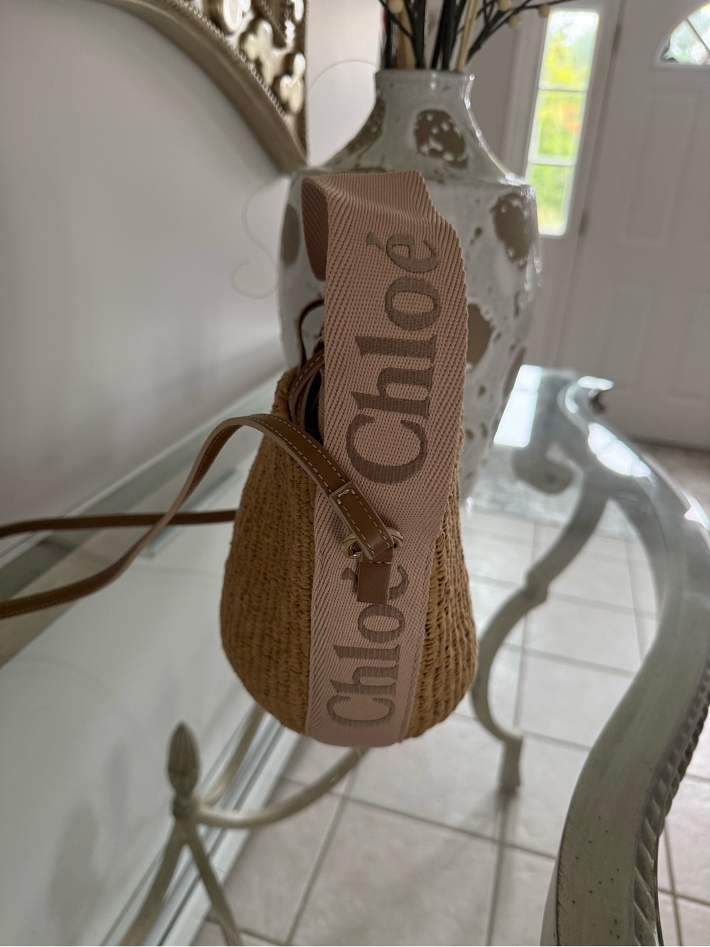 Chloé Tan Straw Tote with Pink Logo Strap